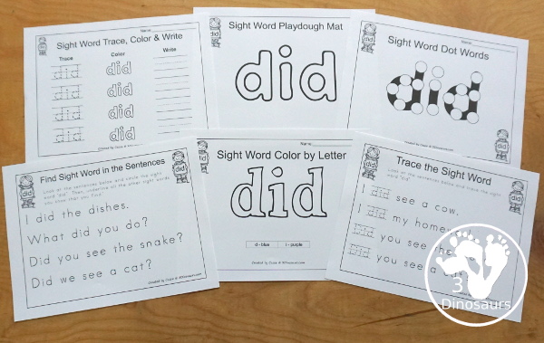 Romping & Roaring Primer Sight Words: did. You have 6 pages of printables for each sight word. You have easy to use worksheets and a playdough mat for each word. - 3Dinosaurs.com