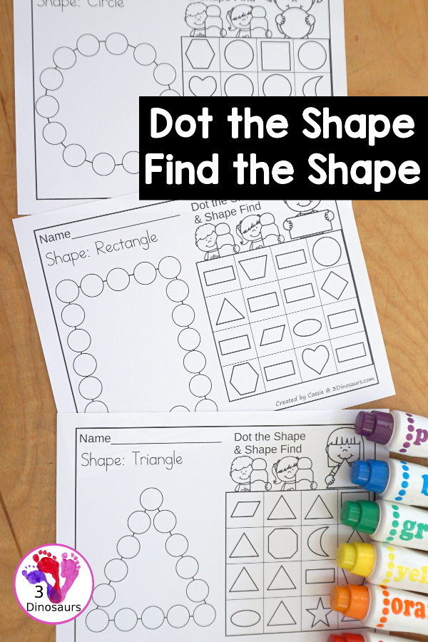 Shapes: Dot Shape & Find the Shape Printable - 15 shape dot marker printables with shape find with the dot marker shape. A great kindergarten and prek shape printable - 3Dinosaurs.com