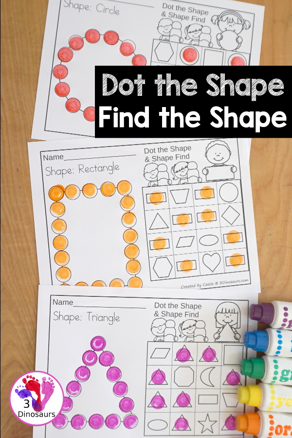 Shapes: Dot Shape & Find the Shape Printable - 15 shape dot marker printables with shape find with the dot marker shape. A great kindergarten and prek shape printable - 3Dinosaurs.com