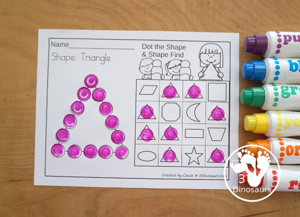 Shapes: Dot Shape & Find the Shape Printable - 15 shape dot marker printables with shape find with the dot marker shape. A great kindergarten and prek shape printable - 3Dinosaurs.com