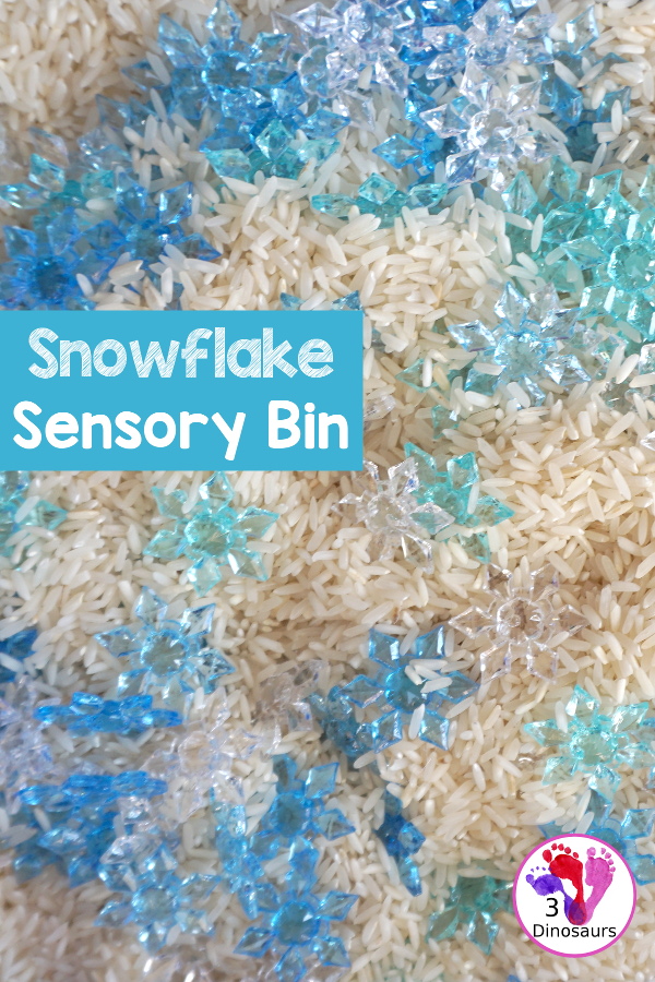 Snowflake Sensory Bin with Rice Filler - a simple sensory bin with rice for the filler and three colors of acrylic snowflakes in the sensory bin. Only a minute to set up this sensory bin. - 3Dinosaurs.com