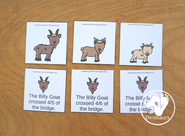 Free Three Billy Goats Fraction Bridge Puzzles & Building Cards - You have fraction puzzles for 2, 3, 4, 5, 6, 8, and 10. You have building cards to use with the puzzles and puzzle building mat. A fun activity to make fractions and compare fractions. And a fun activity to compare how far the Billy goats go across the bridge- 3Dinosaurs.com - 3Dinosaurs.com
