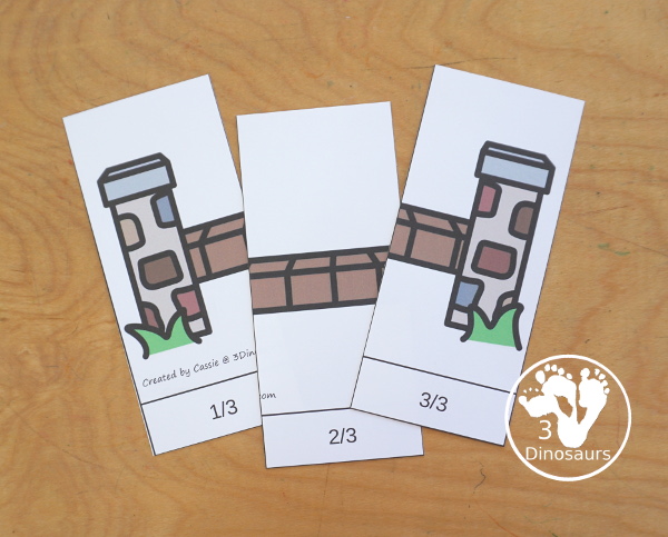 Free Three Billy Goats Fraction Bridge Puzzles & Building Cards - You have fraction puzzles for 2, 3, 4, 5, 6, 8, and 10. You have building cards to use with the puzzles and puzzle building mat. A fun activity to make fractions and compare fractions. And a fun activity to compare how far the Billy goats go across the bridge- 3Dinosaurs.com - 3Dinosaurs.com