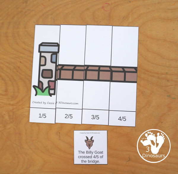 Free Three Billy Goats Fraction Bridge Puzzles & Building Cards - You have fraction puzzles for 2, 3, 4, 5, 6, 8, and 10. You have building cards to use with the puzzles and puzzle building mat. A fun activity to make fractions and compare fractions. And a fun activity to compare how far the Billy goats go across the bridge- 3Dinosaurs.com - 3Dinosaurs.com
