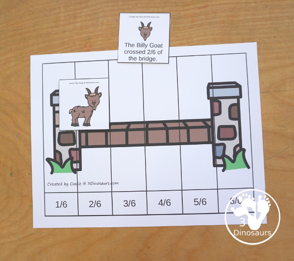Free Three Billy Goats Fraction Bridge Puzzles & Building Cards - You have fraction puzzles for 2, 3, 4, 5, 6, 8, and 10. You have building cards to use with the puzzles and puzzle building mat. A fun activity to make fractions and compare fractions. And a fun activity to compare how far the Billy goats go across the bridge- 3Dinosaurs.com - 3Dinosaurs.com