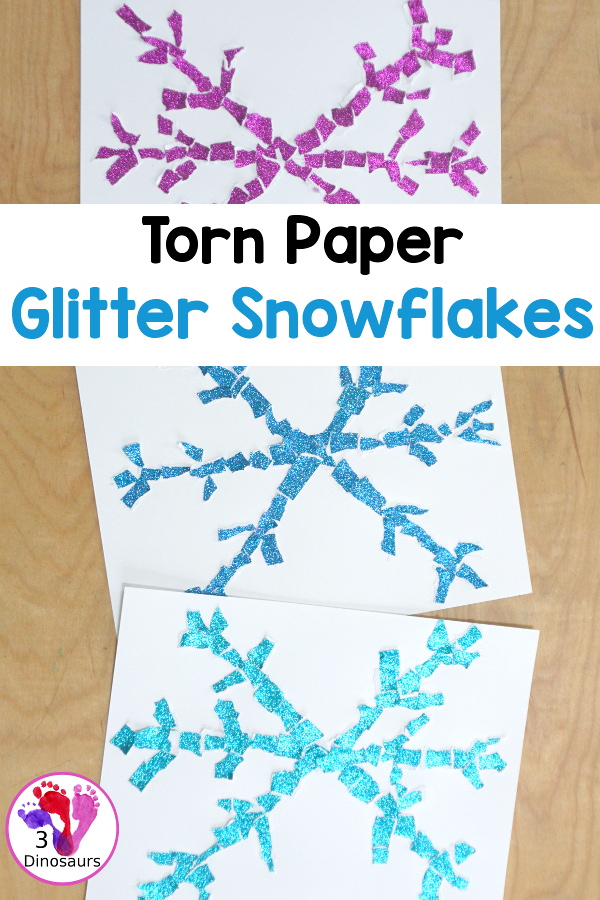 Torn Paper Glitter Snowflake Craft - a fun torn paper craft to make snowflakes out of glitter paper a fun winter craft for kids. - 3Dinosaurs.com