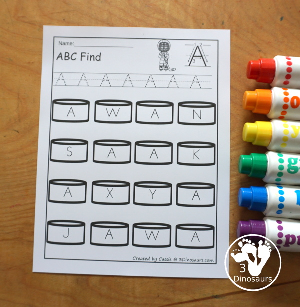 Hockey ABC Letter Find Printable - a fun letter find with uppercase and lowercase letters with tracing the letters and then finding the letters. You have letters on the hockey picks. You have uppercase only and lowercase only for all 26 letters of the alphabet. - 3Dinosaurs.com