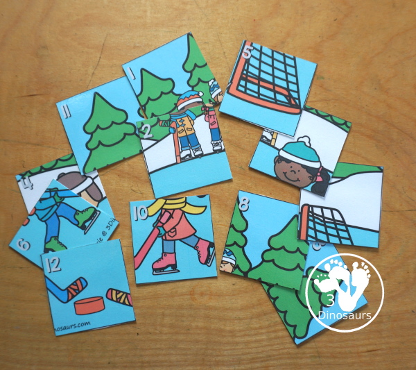 Free Hockey Addition Puzzle Printable - a fun 12 piece puzzle with addition from 1 to 12 on the puzzle mat with matching puzzle pieces. A fun winter sports theme for an addition center. - 3Dinosaurs.com