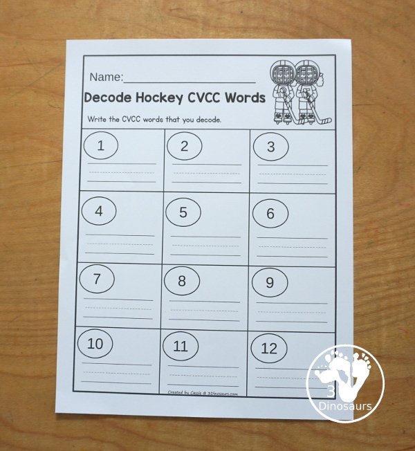 Free Hockey CVCC -CK Break the Code Printable - a fun printable that works on CVCC words that have and ending digraph of -ck. They have decode the words, match the words, and picture of the words for a three way matching activity. All with a fun hockey theme for kids to work on these fun words - 3Dinosaurs.com