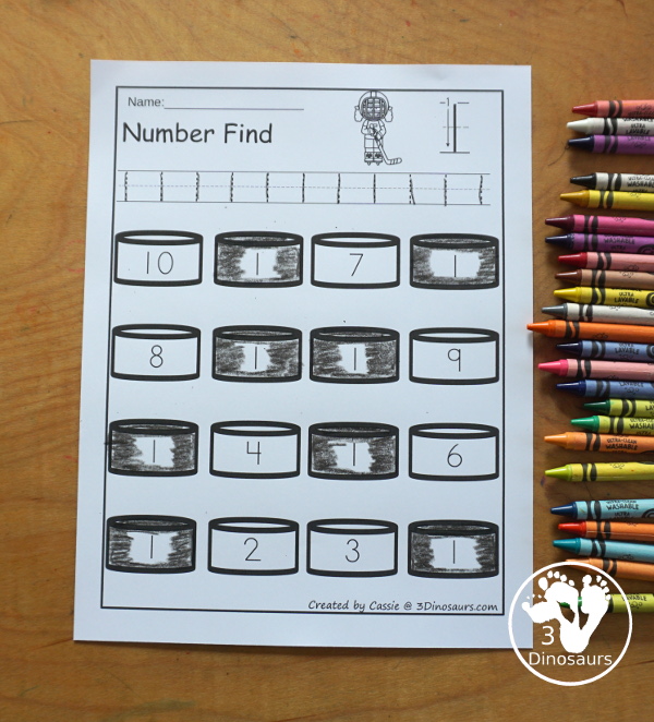 Hockey Number Find Printable - a fun number find printable with numbers from 0 to 20. It has number word and numerical number find. Easy no-prep printable for numbers with a hockey theme.  3Dinosaurs.com