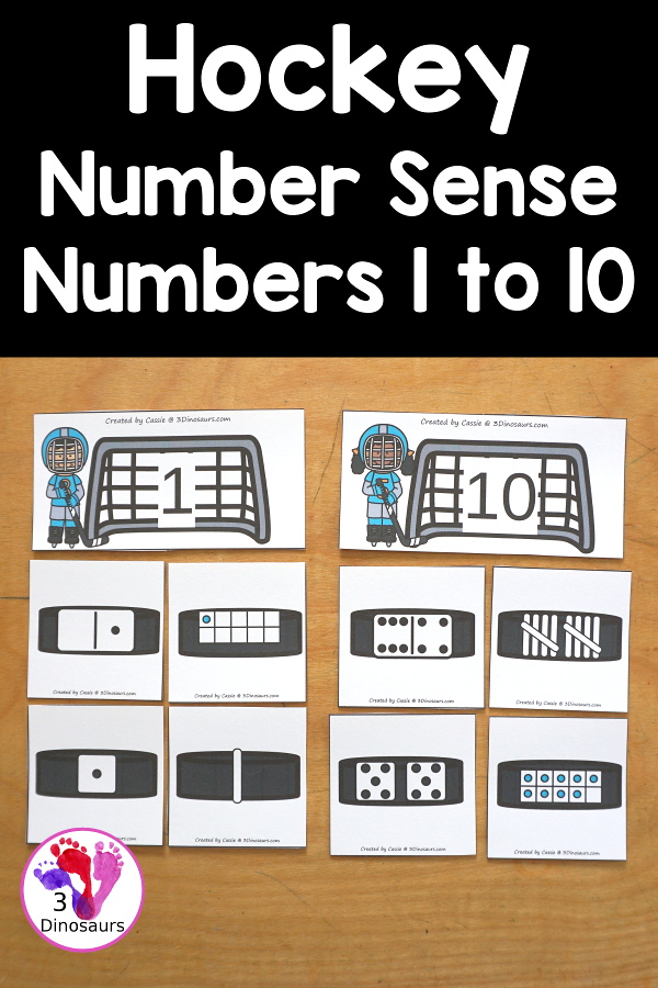 Free Hockey Number Sense from 1 to 10 with matching several different number types to the numerical number, including goals, hockey pucks with tally marks, dominos, ten frames, and dice for the numbers - 3Dinosaurs.com