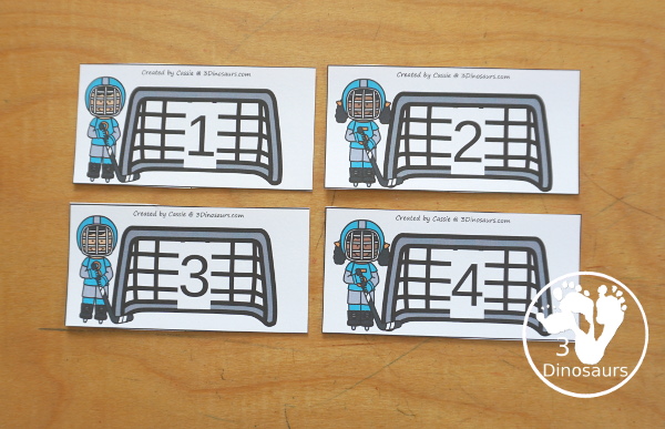 Free Hockey Number Sense from 1 to 10 with matching several different number types to the numerical number, including goals, hockey pucks with tally marks, dominos, ten frames, and dice for the numbers - 3Dinosaurs.com