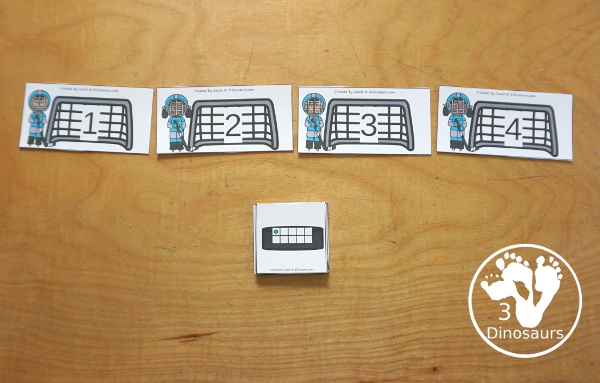 Free Hockey Number Sense from 1 to 10 with matching several different number types to the numerical number, including goals, hockey pucks with tally marks, dominos, ten frames, and dice for the numbers - 3Dinosaurs.com
