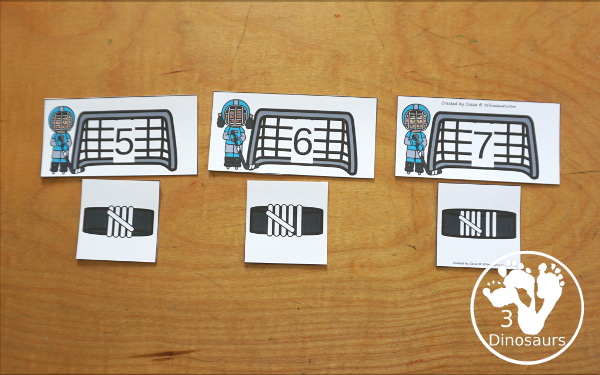 Free Hockey Number Sense from 1 to 10 with matching several different number types to the numerical number, including goals, hockey pucks with tally marks, dominos, ten frames, and dice for the numbers - 3Dinosaurs.com