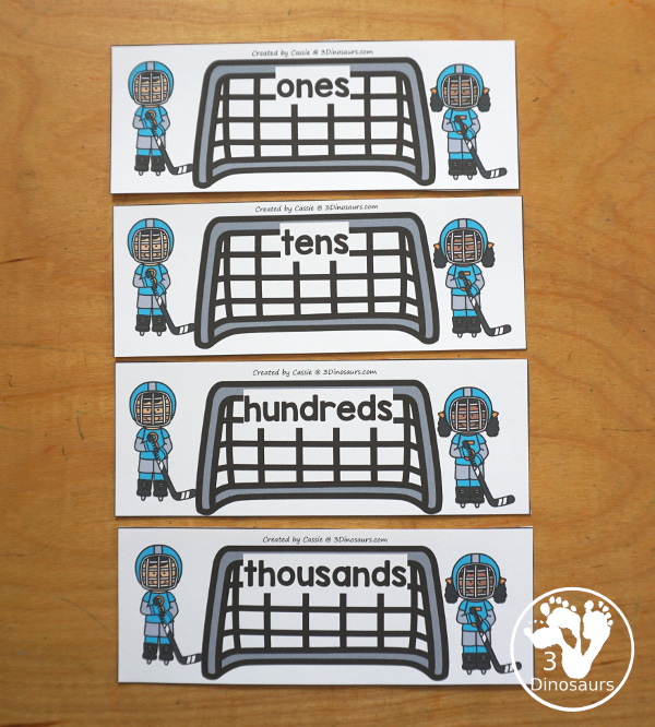 Free Hockey Place Value Sorting Printable - sorting numbers with ones, tens, hundreds and thousands. A fun way to work on the place value of a number and sort them. A fun hands-on place value printable for winter or winter sports. 3Dinosaurs.com