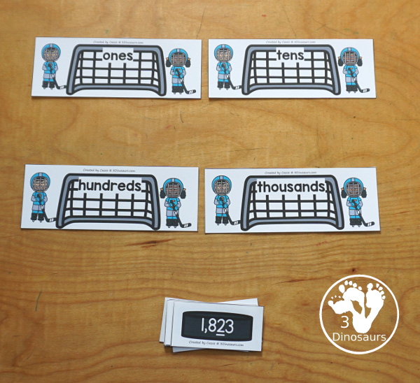 Free Hockey Place Value Sorting Printable - sorting numbers with ones, tens, hundreds and thousands. A fun way to work on the place value of a number and sort them. A fun hands-on place value printable for winter or winter sports. 3Dinosaurs.com