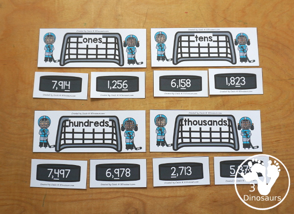 Free Hockey Place Value Sorting Printable - sorting numbers with ones, tens, hundreds and thousands. A fun way to work on the place value of a number and sort them. A fun hands-on place value printable for winter or winter sports.3Dinosaurs.com