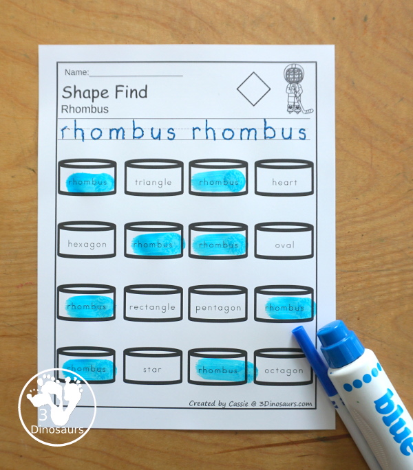 Hockey Shape Find Printable - has 11 shapes for you work on with kids. You have tracing the shape and finding the shape for shape words and geometric shapes. - 3Dinosaurs.com