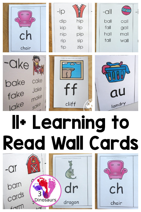 11+ Learning to Read Wall Card Printables - A mix of different wall cards to display for kids. You have two wall cards on one page with a mix of different wall cards sets you can use with kids. - 3Dinosaurs.com