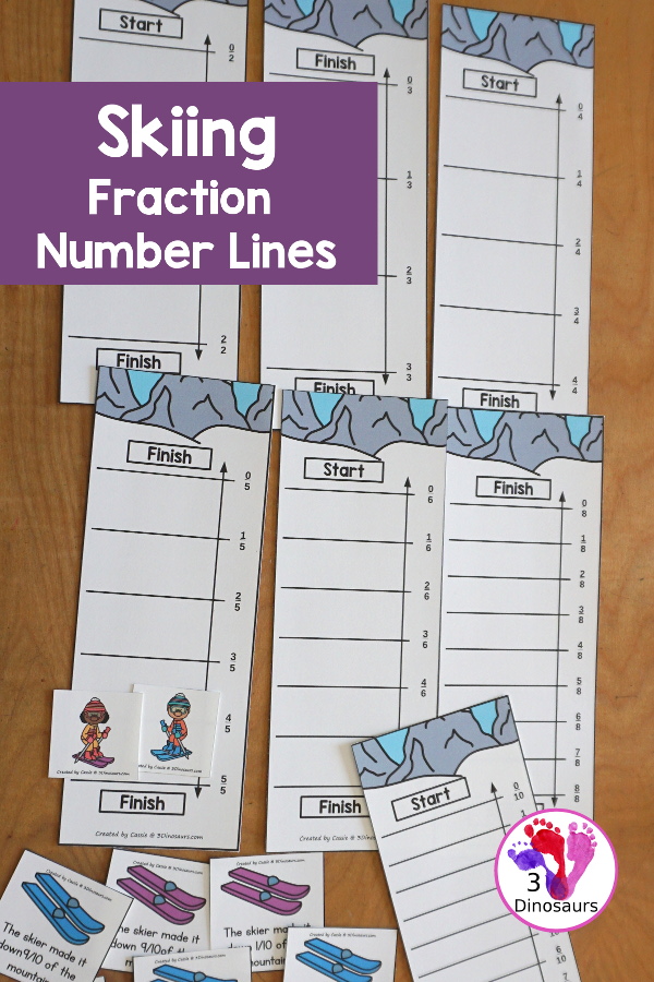 Free Skiing Vertical Fraction Number Lines Printable - you have fraction number lines for 2, 3, 4, 5, 6, 8, & 10 with matching fraction cards for skiing with skiers. A fun way to work on fractions and comparing fractions as kids ski down the hill. 3Dinosaurs.com