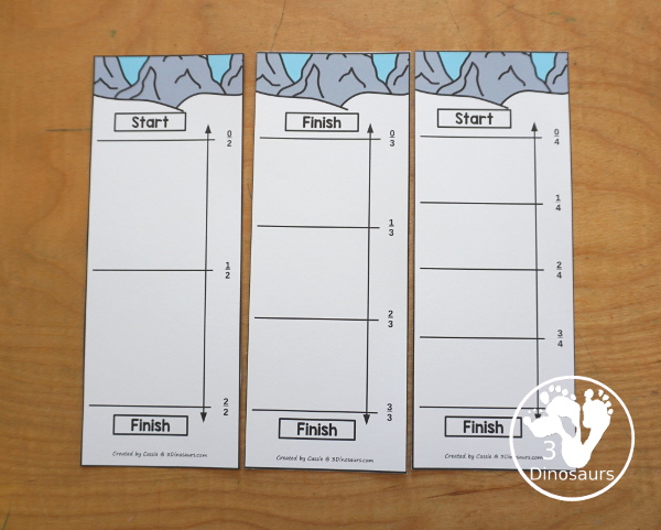 Free Skiing Vertical Fraction Number Lines Printable - you have fraction number lines for 2, 3, 4, 5, 6, 8, & 10 with matching fraction cards for skiing with skiers. A fun way to work on fractions and comparing fractions as kids ski down the hill. 3Dinosaurs.com