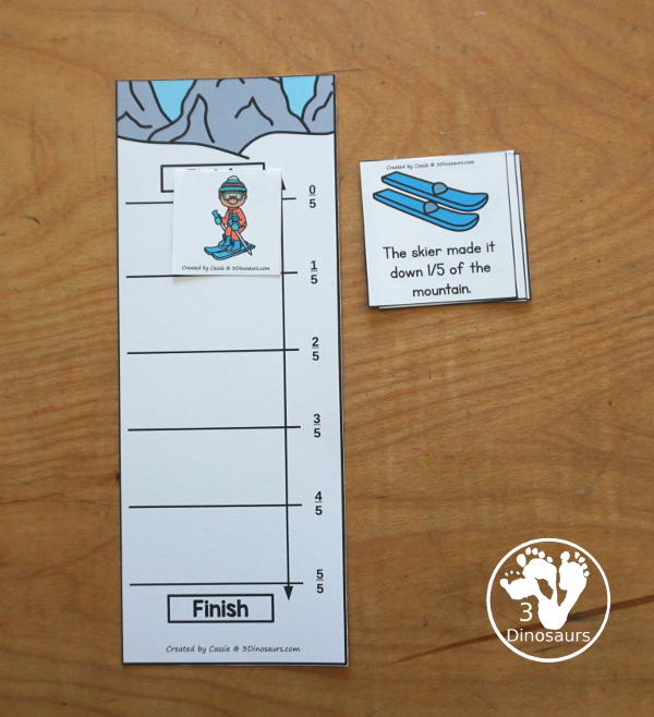 Free Skiing Vertical Fraction Number Lines Printable - you have fraction number lines for 2, 3, 4, 5, 6, 8, & 10 with matching fraction cards for skiing with skiers. A fun way to work on fractions and comparing fractions as kids ski down the hill.  3Dinosaurs.com
