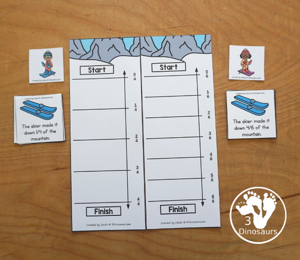Free Skiing Vertical Fraction Number Lines Printable - you have fraction number lines for 2, 3, 4, 5, 6, 8, & 10 with matching fraction cards for skiing with skiers. A fun way to work on fractions and comparing fractions as kids ski down the hill. 3Dinosaurs.com
