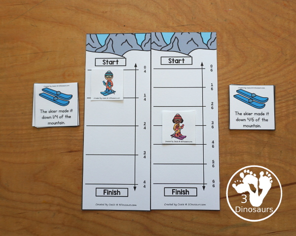 Free Skiing Vertical Fraction Number Lines Printable - you have fraction number lines for 2, 3, 4, 5, 6, 8, & 10 with matching fraction cards for skiing with skiers. A fun way to work on fractions and comparing fractions as kids ski down the hill. 3Dinosaurs.com