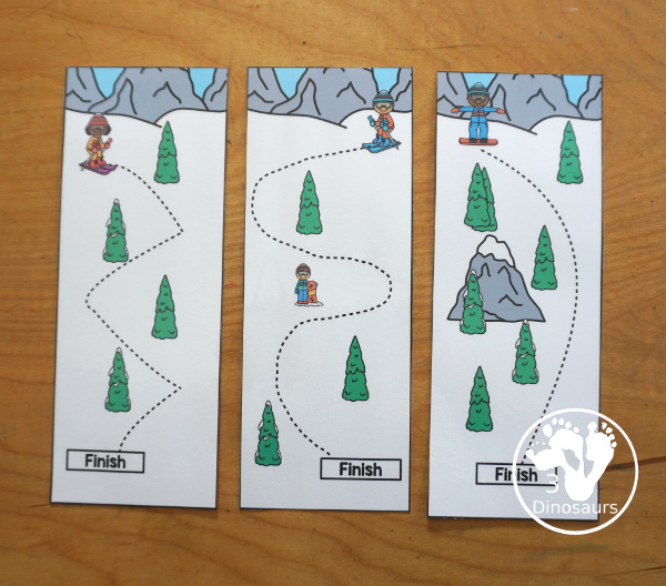 Free Skiing Prewriting Strip Printables - has 10 different prewriting strip that are a vertical with tracing from top to bottom. An easy way to work change up prewriting for the winter.- 3Dinosaurs.com
