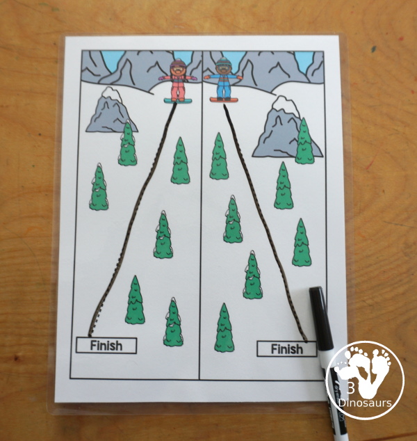 Free Skiing Prewriting Strip Printables - has 10 different prewriting strip that are a vertical with tracing from top to bottom. An easy way to work change up prewriting for the winter.- 3Dinosaurs.com