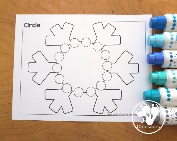 Free Snowflake Dot Marker Printable - fun dot marker shapes with a snowflake theme. You have dot shape outline and dot marker shape fill in for the shape dot marker printables and all fun with a snowflake theme for kids. - 3Dinosaurs.com