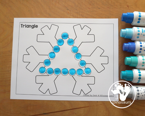 Free Snowflake Dot Marker Printable - fun dot marker shapes with a snowflake theme. You have dot shape outline and dot marker shape fill in for the shape dot marker printables and all fun with a snowflake theme for kids.  - 3Dinosaurs.com