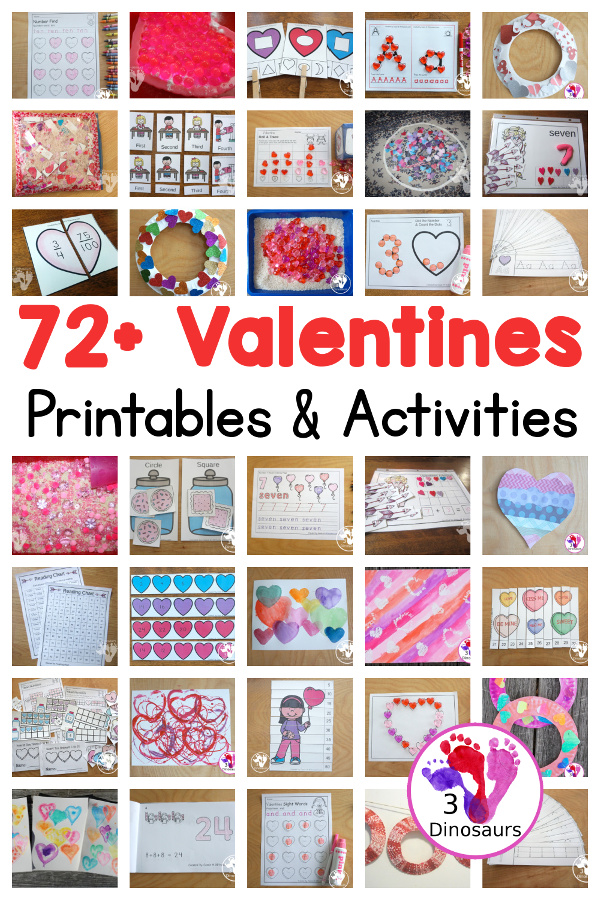 72+ Valentines Activities and Printables from 3 Dinosaurs - a collection of printables packs, ABCs, numbers, math, crafts, sensory bins and more #valentines #printablesforkids #handsonlearning #sensorybins