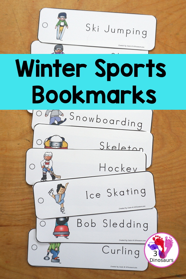 Free Winter Sports Bookmark Printables - 9 fun winter sports for kids to have for the winter sports bookmarks. A picture of the sport and the sport word on the bookmark. 3Dinosaurs.com