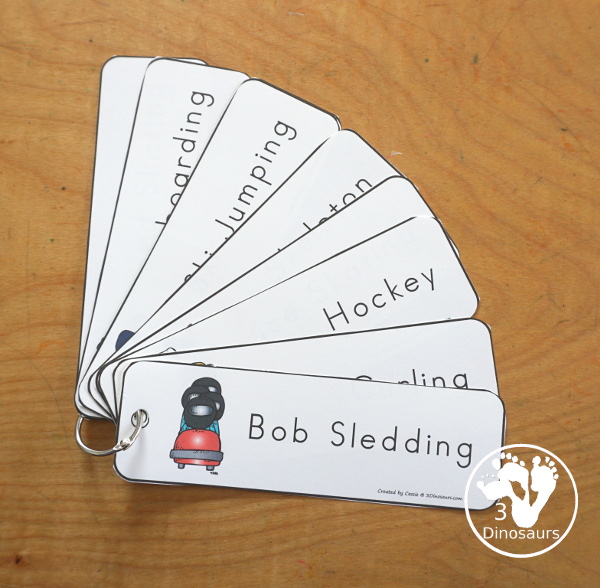 Free Winter Sports Bookmark Printables - 9 fun winter sports for kids to have for the winter sports bookmarks. A picture of the sport and the sport word on the bookmark. 3Dinosaurs.com