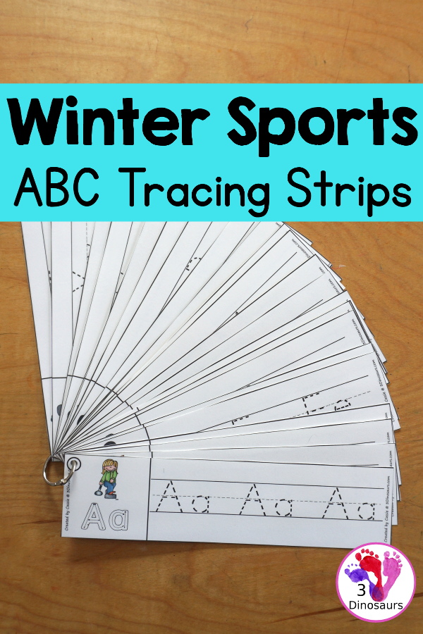 Free Winter Sports ABC Tracing Strips - with uppercase and lowercase together. You have fun kids with a Winter Sports- plus you can see an example of how to trace the letters - 3Dinosaurs.com
