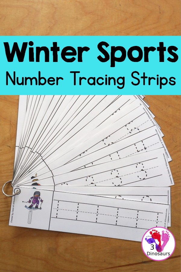 Free Winter Sports Number Tracing Strips - with numbers 0 to 20. You can tracing the numbers and an example of how to trace the numbers on the strips, plus a different winter sports on each tracing strip. - 3Dinosaurs.com