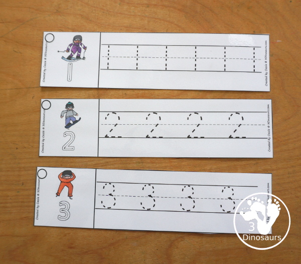 Free Winter Sports Number Tracing Strips - with numbers 0 to 20. You can tracing the numbers and an example of how to trace the numbers on the strips, plus a different winter sports on each tracing strip. - 3Dinosaurs.com