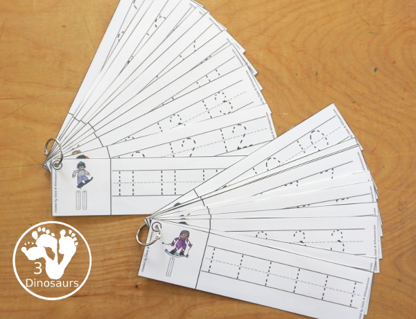 Free Winter Sports Number Tracing Strips - with numbers 0 to 20. You can tracing the numbers and an example of how to trace the numbers on the strips, plus a different winter sports on each tracing strip. - 3Dinosaurs.com