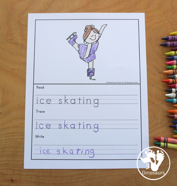 Free Winter Sports Words Book has 9 different winter sports with coloring the pictures, reading the words, tracing the words and writing the words. Plus a simple winter sports cover page. - 3Dinosaurs.com