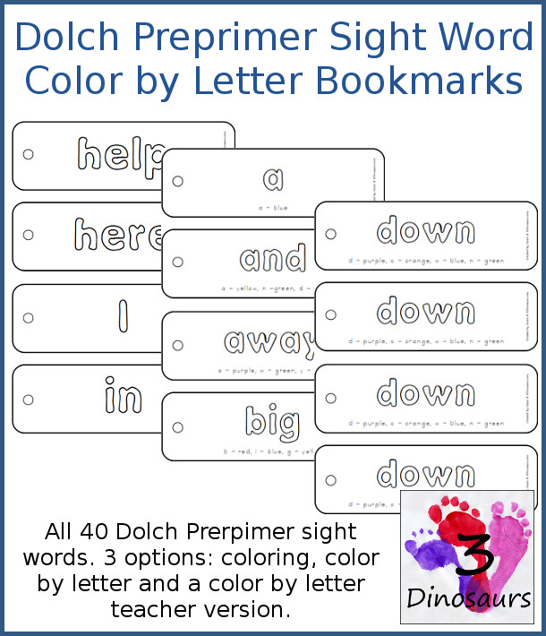 Preprimer Sight Word Coloring Bookmarks - 3 options of bookmarks to buy $3 - 3Dinosaurs.com