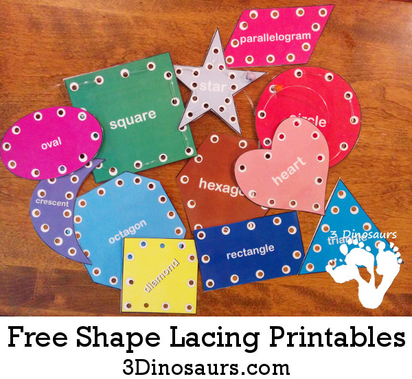 Free Shape Lacing Printable - 12 different shapes for kids to lace for shape learning centers - 3Dinosaurs.com
