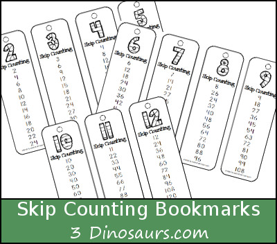 Free Skip Counting Bookmarks- skip counting by 2 through 12 - 3Dinosaurs.com