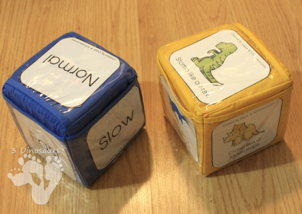 Free Stomping Dinosaur Gross Motor Dice - 2 sets of dice for kids to get moving and learn their dinosaur names - 3Dinosaurs.com