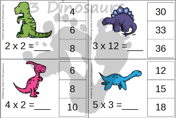Free Dinosaur Themed Multiplication Clip Cards - 11 pages of clip cards multiplication 1 through 12 - 3Dinosaurs.com
