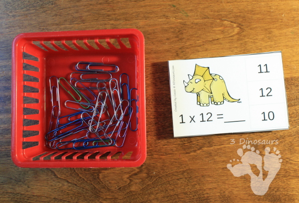 Free Dinosaur Themed Multiplication Clip Cards - 11 pages of clip cards multiplication 1 through 12 - 3Dinosaurs.com