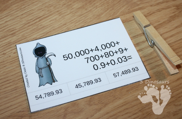 FREE Halloween Themed Place Value Clip Cards - 3 levels: up to hundreds, up to hundred thousand and mix with decimals - 3Dinosaurs.com