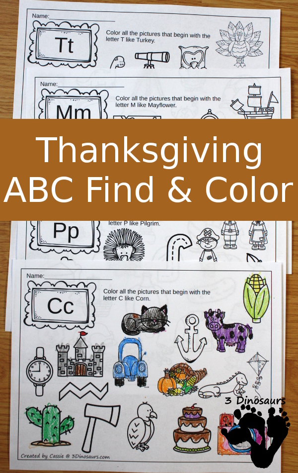 FREE No Prep ABC Find & Color for Thanksgiving Fun: for letters C, H, M, P and T - 3Dinosaurs.com