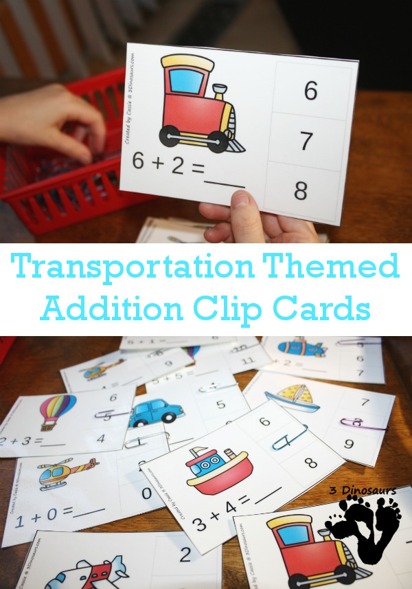 Free Zooming Transportation Themed Addition Clip Cards - 11 pages of clip cards with addition 1 through 20 - 3Dinosaurs.com