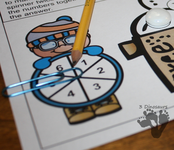 Free No-Prep Winter Math: Counting, Addition, & Multiplication - spin and cover the numbers 3Dinosaurs.com